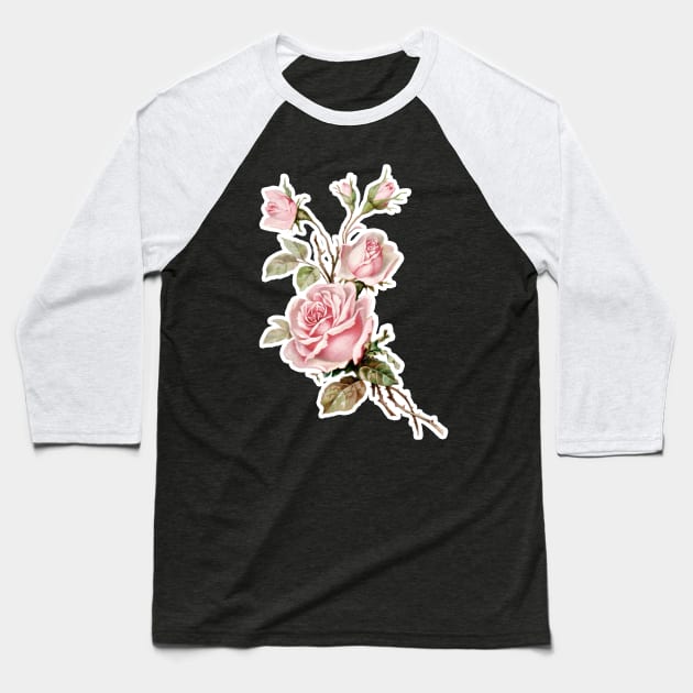 Vintage Victoriana Rose Illustration Design Baseball T-Shirt by DankFutura